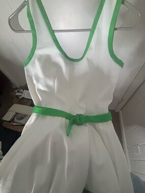 Court one fine tennis apparel-White Dress with Green Trim and Belt